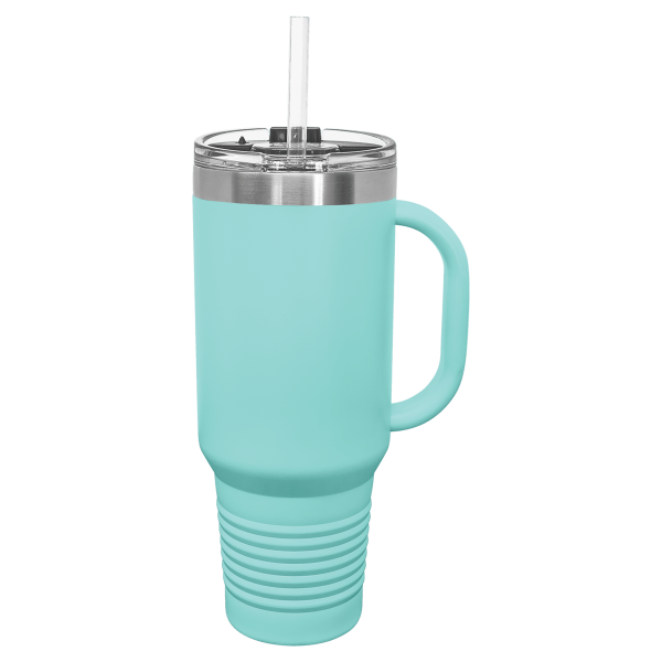 40 oz. TEAL BLUE TRAVEL MUG-Engraving included. Some exceptions may apply.