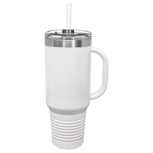40 oz. WHITE TRAVEL MUG-Engraving included. Some exceptions may apply.