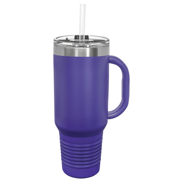 40 oz.  PURPLE TRAVEL MUG-Engraving included. Some exceptions may apply.
