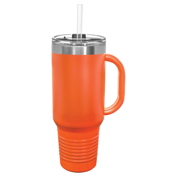 40 oz.  ORANGE TRAVEL MUG-Engraving included. Some exceptions may apply.