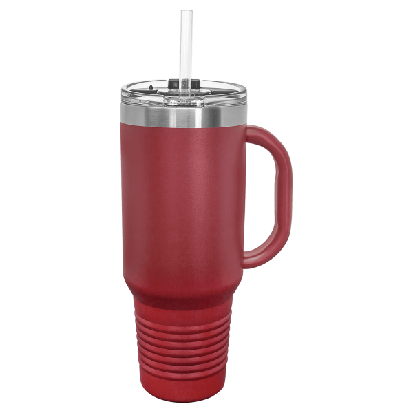 40 oz.  MAROON TRAVEL MUG-Engraving included. Some exceptions may apply.