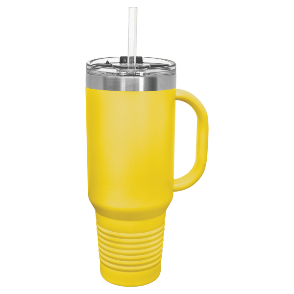 40 oz.  YELLOW TRAVEL MUG-Engraving included. Some exceptions may apply.