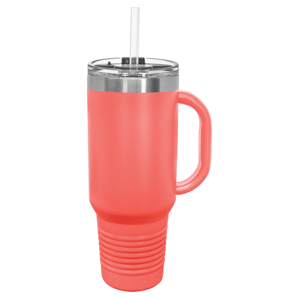 40 oz.  CORAL TRAVEL MUG-Engraving included. Some exceptions may apply.