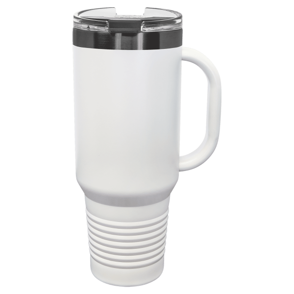 40 oz.  WHITE/ GHOST BLACK TRAVEL MUG-Engraving included. Some exceptions may apply.