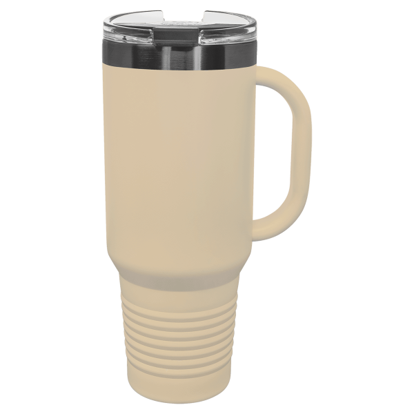 40 oz.  WARM SAND TRAVEL MUG-Engraving included. Some exceptions may apply.