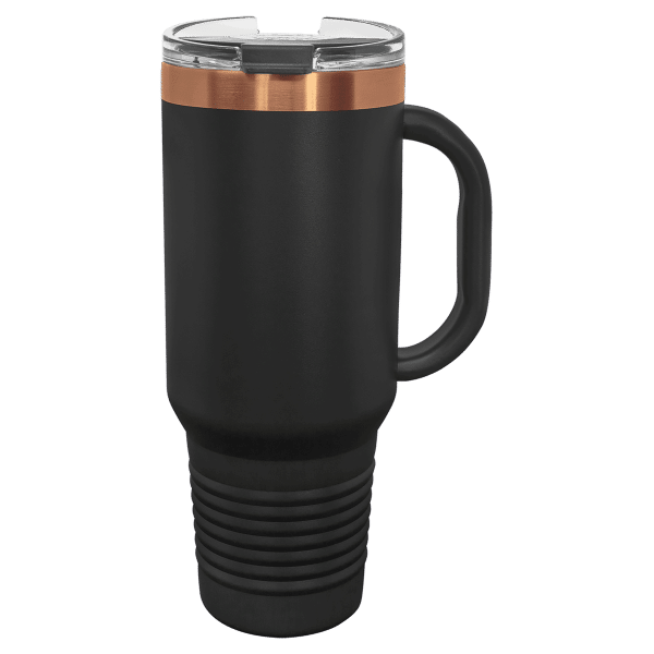 40 oz.  BLACK/ ROSE GOLD TRAVEL MUG-Engraving included. Some exceptions may apply.