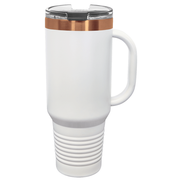 40 oz.  WHITE/ ROSE GOLD TRAVEL MUG-Engraving included. Some exceptions may apply.